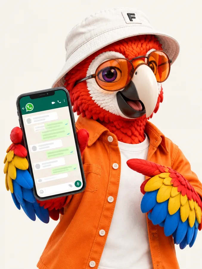 A arara mostrando um celular com uma conversa no WhatsApp